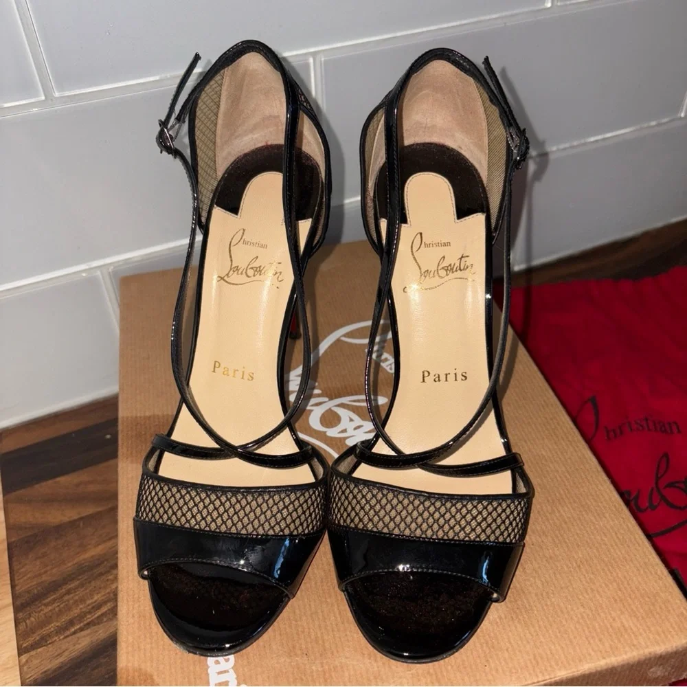 Christian Louboutin Black Patent & Mesh Slingback Heels with Red Soles